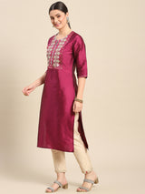 Purple Yoke Design Silk Straight Kurta