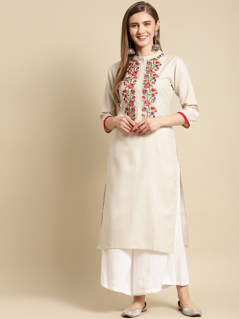 Off White Embroidered Cotton Straight Kurta