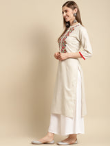 Off White Embroidered Cotton Straight Kurta