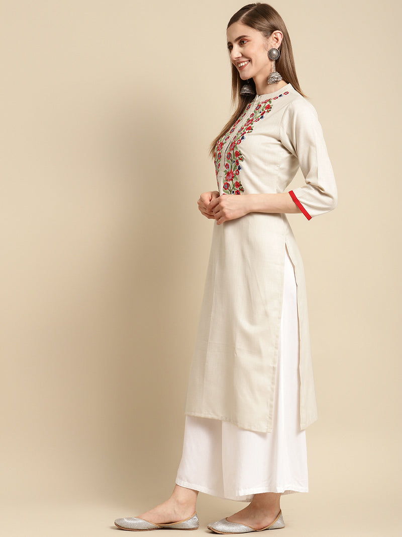 Off White Embroidered Cotton Straight Kurta