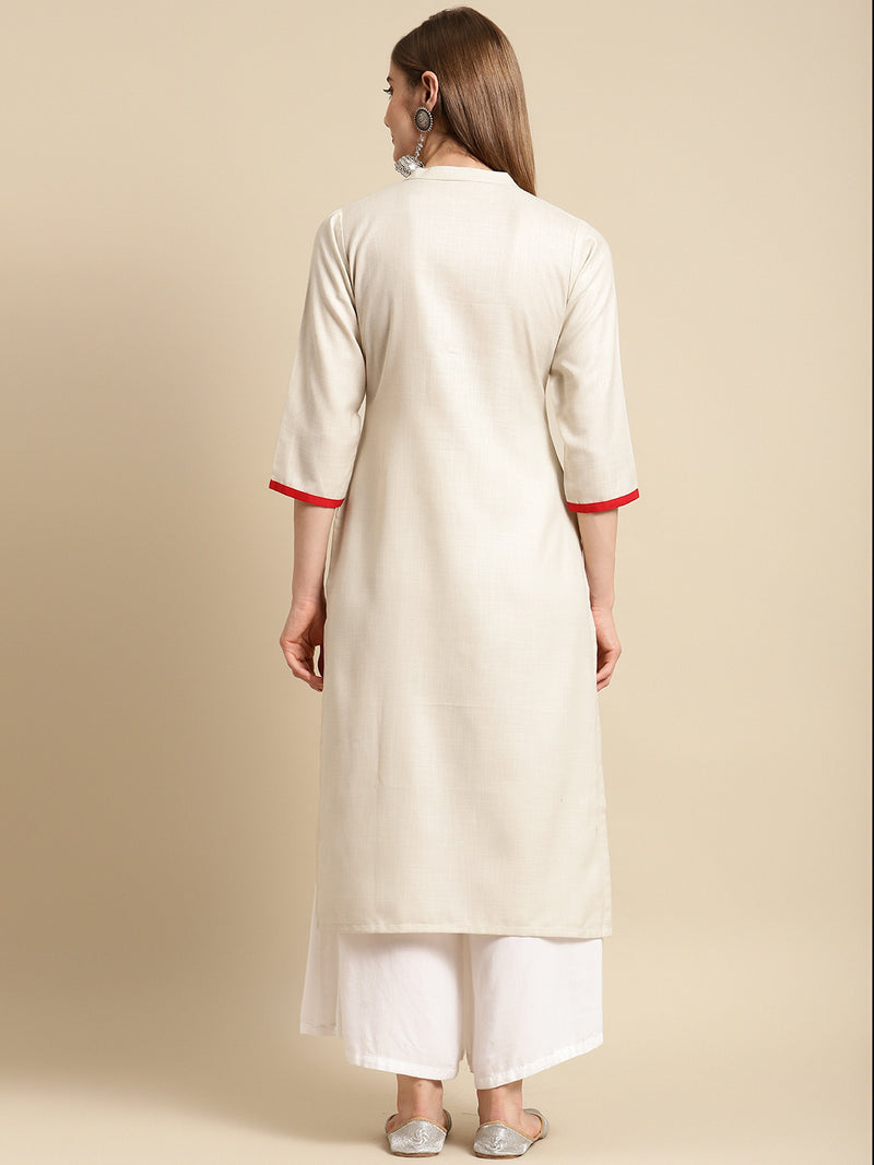Off White Embroidered Cotton Straight Kurta