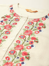 Off White Embroidered Cotton Straight Kurta