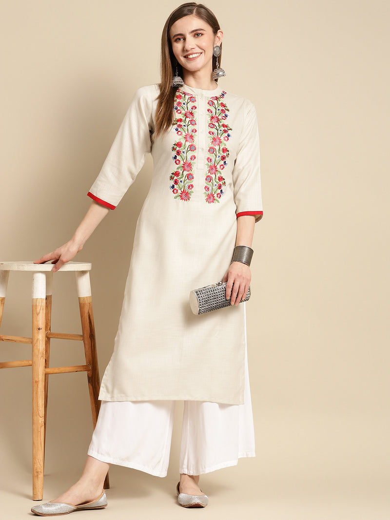 Off White Embroidered Cotton Straight Kurta