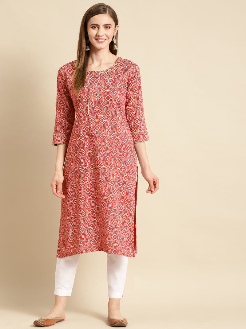Red Printed Cotton Straight Kurta