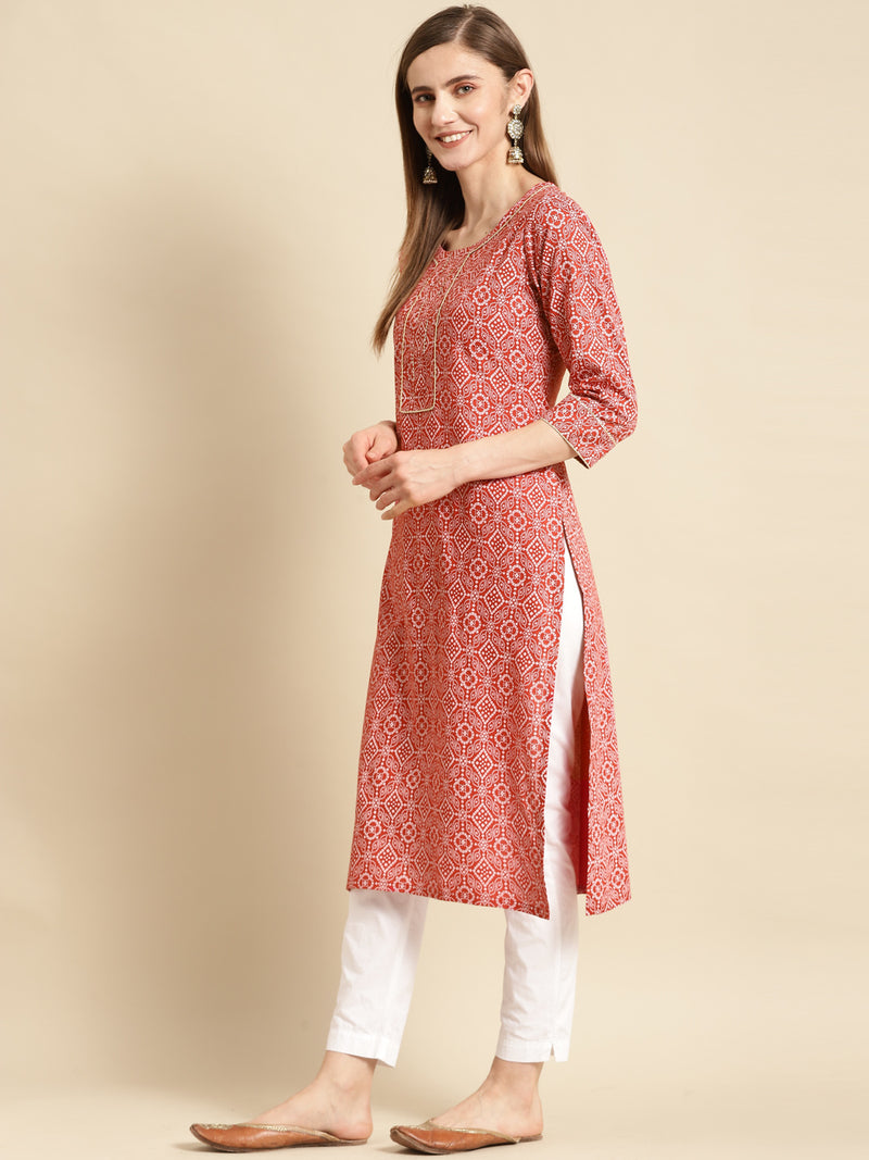 Red Printed Cotton Straight Kurta