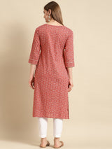 Red Printed Cotton Straight Kurta