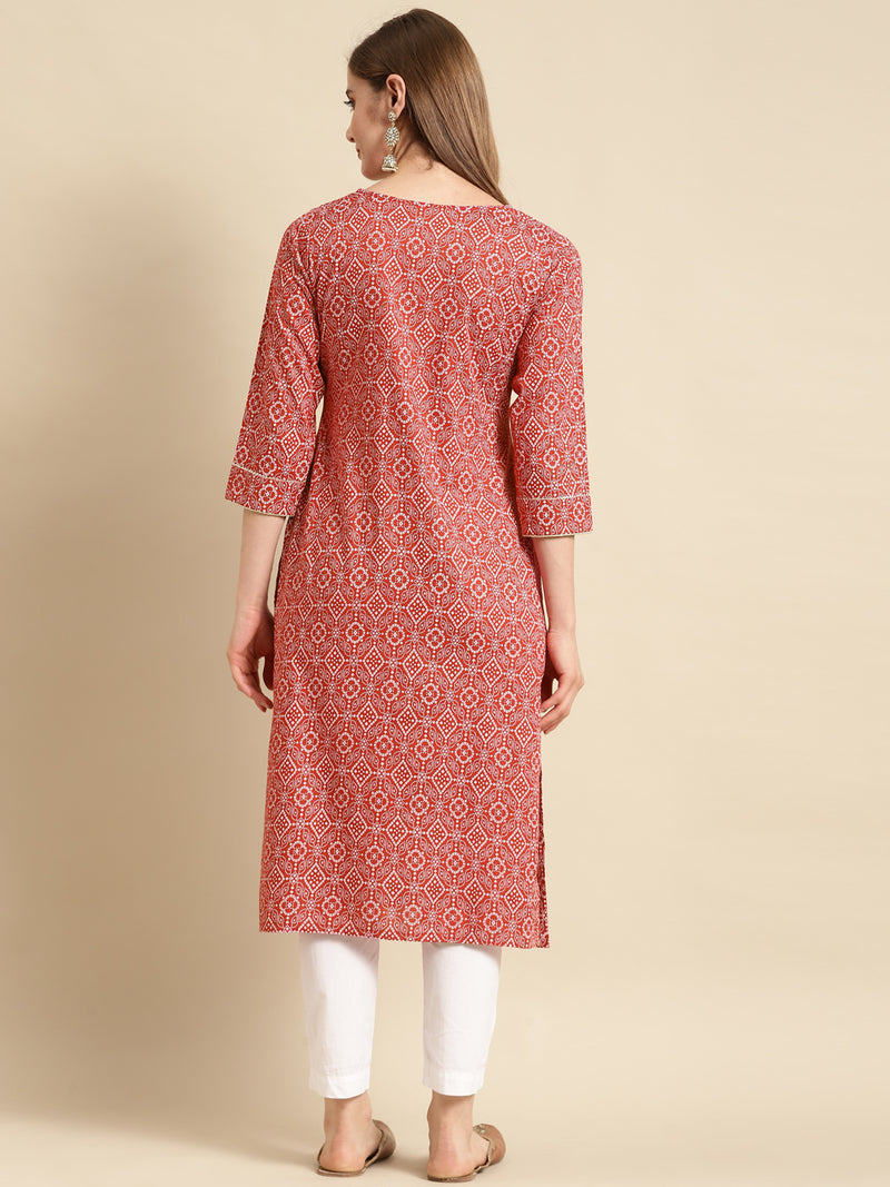 Red Printed Cotton Straight Kurta
