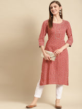 Red Printed Cotton Straight Kurta