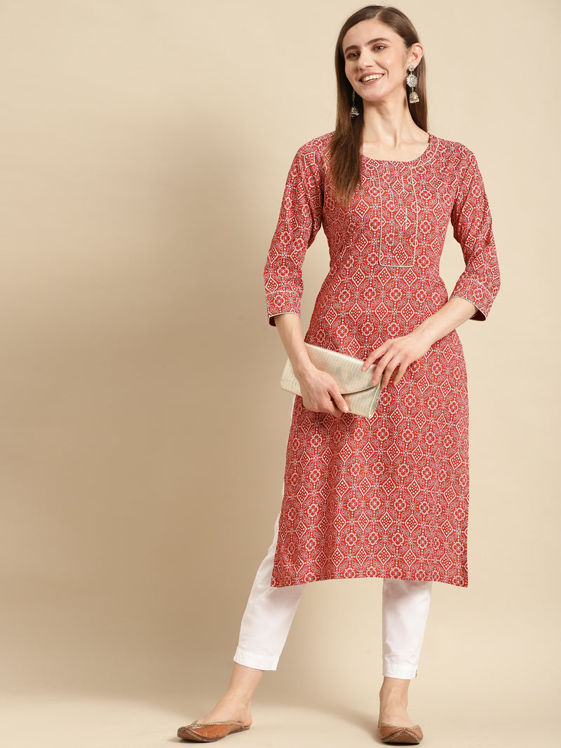 Red Printed Cotton Straight Kurta