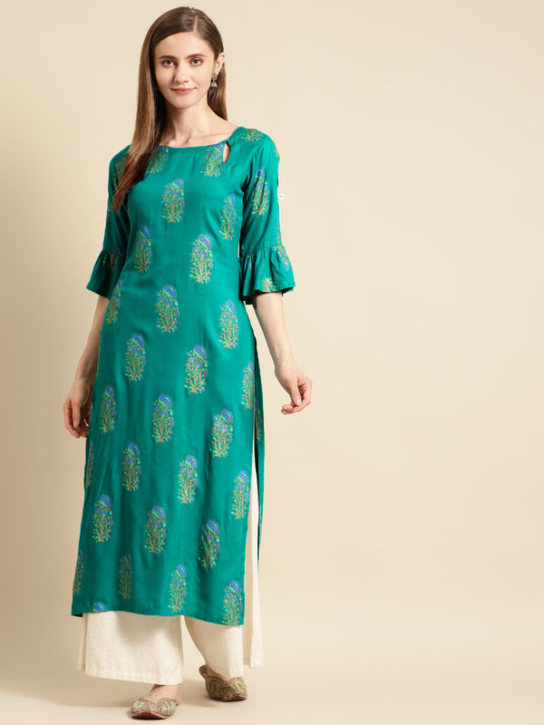 Blue Printed Rayon Straight Kurta