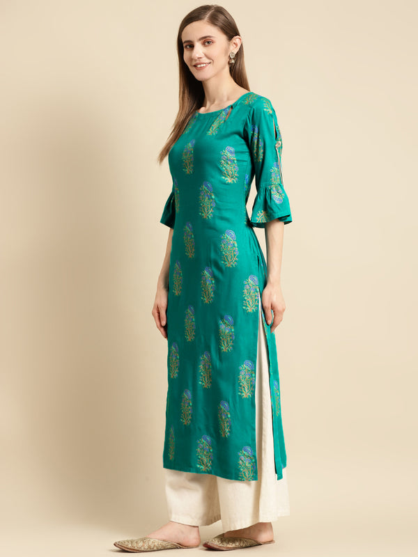 Blue Printed Rayon Straight Kurta