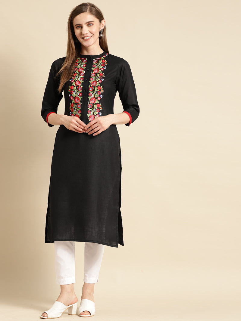 Black Embroidered Cotton Straight Kurta