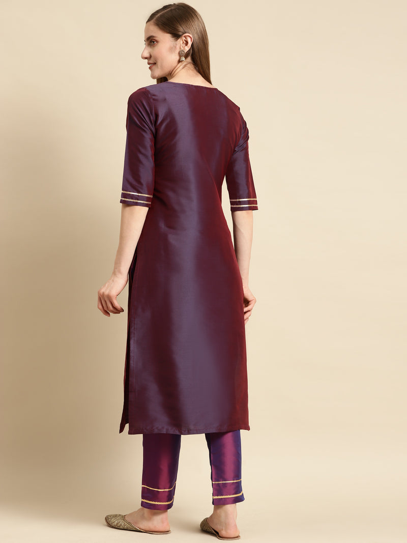 Purple Yoke Design Silk Straight Kurta