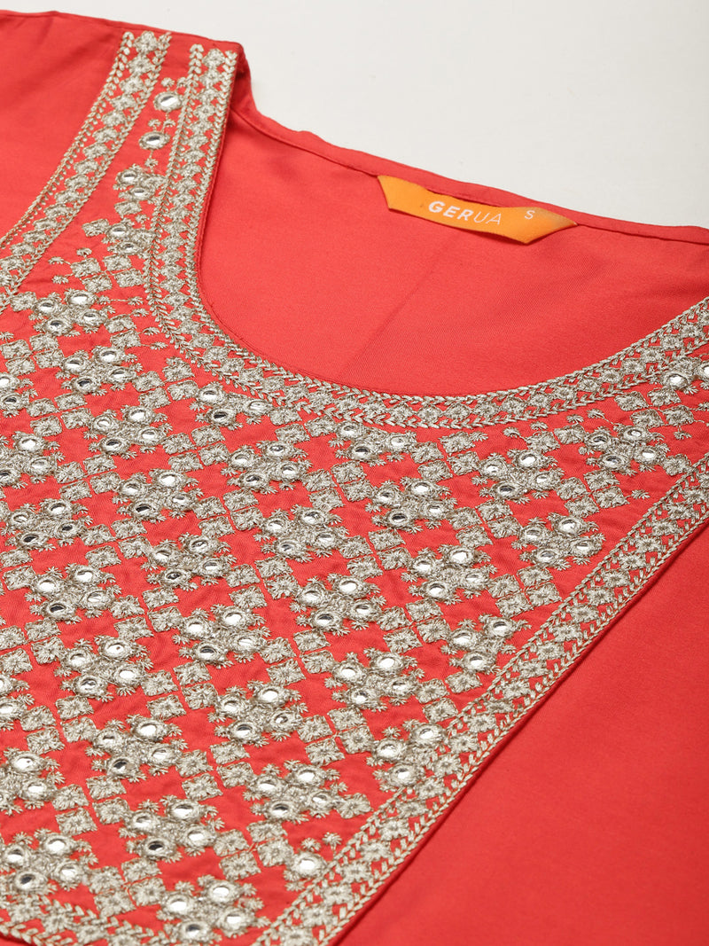 Red Yoke Design Silk Straight Kurta