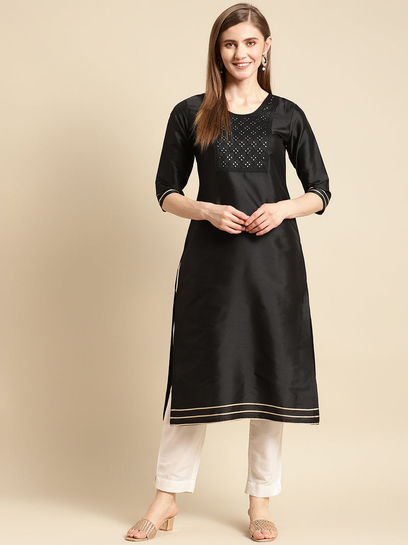Black Yoke Design Silk Straight Kurta