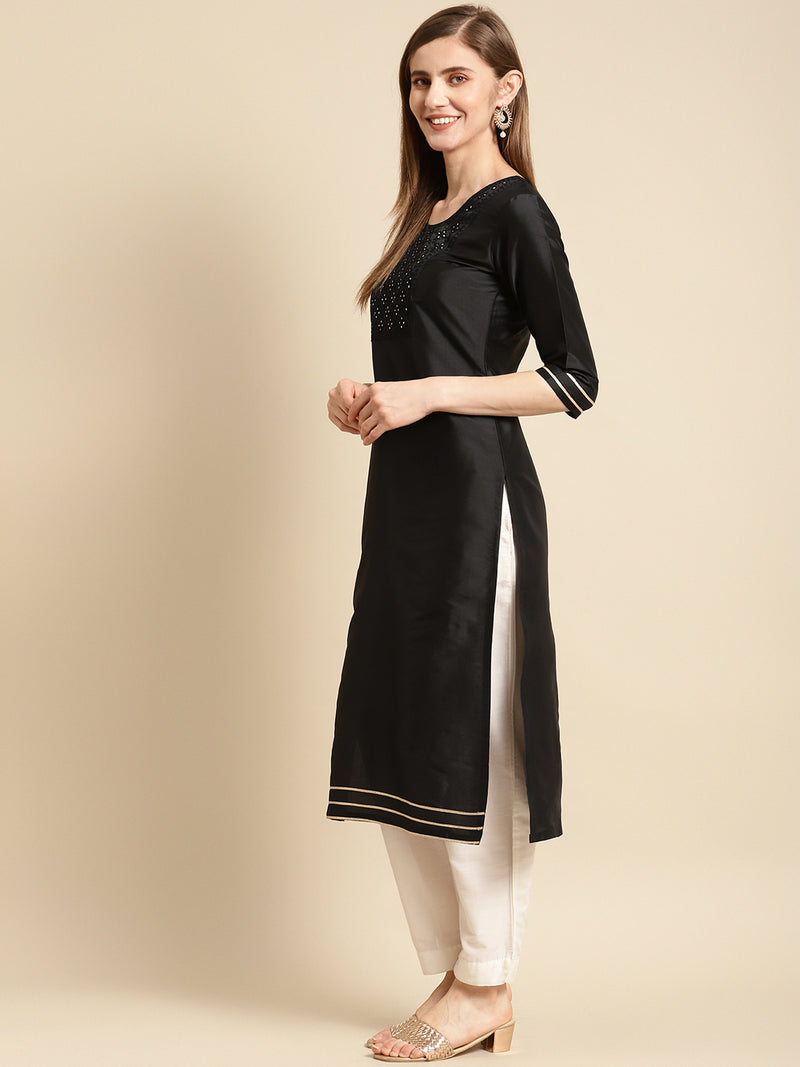 Black Yoke Design Silk Straight Kurta