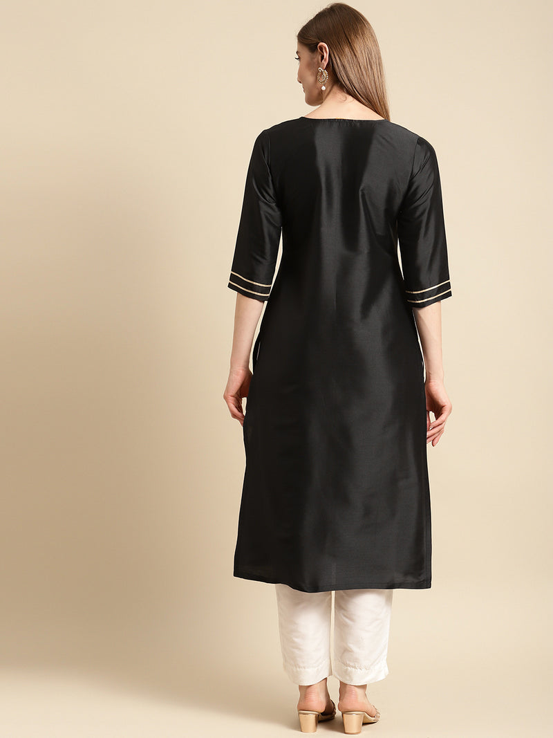 Black Yoke Design Silk Straight Kurta