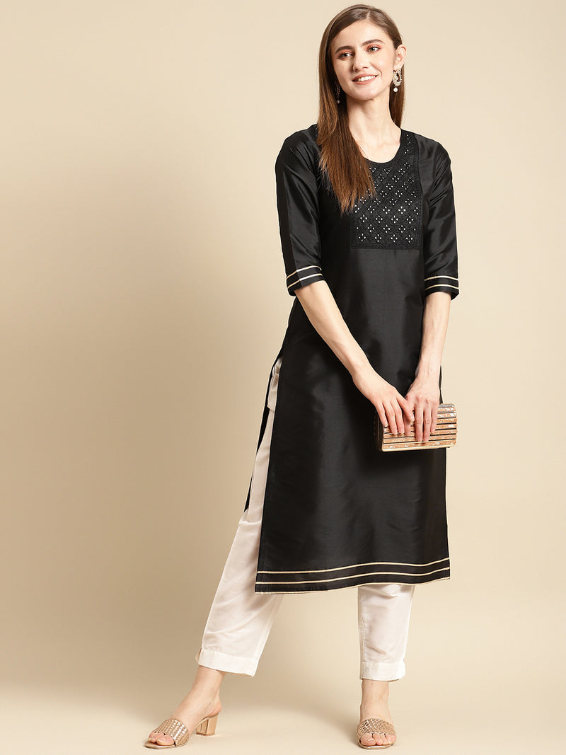 Black Yoke Design Silk Straight Kurta