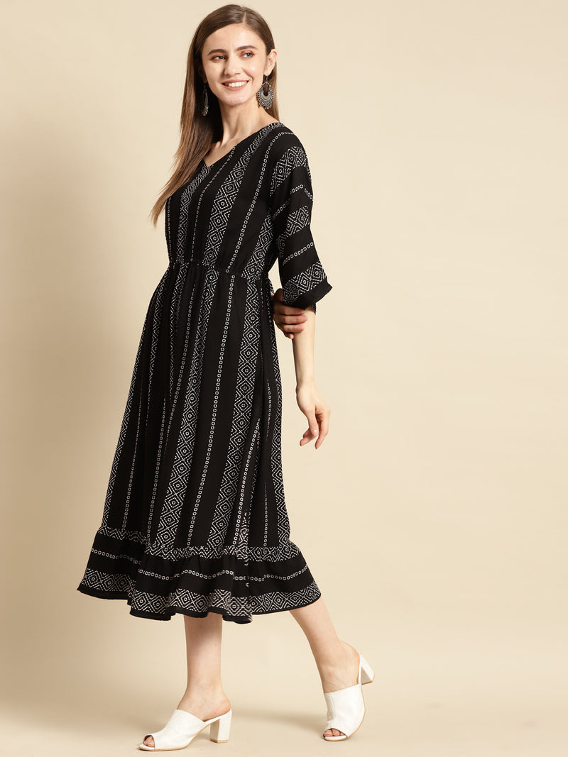 Black Striped Rayon A-Line Dress
