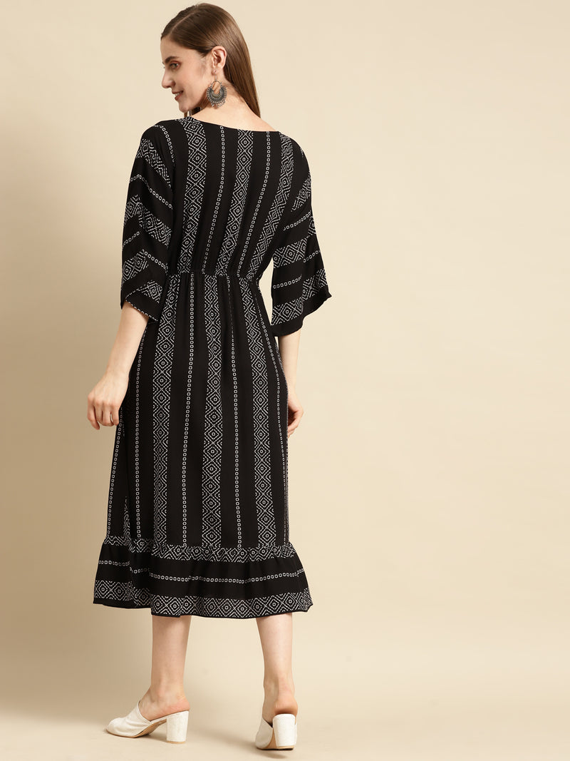 Black Striped Rayon A-Line Dress