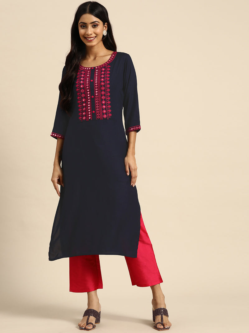 Navy Blue Yoke Design Rayon Straight Kurta