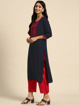 Navy Blue Yoke Design Rayon Straight Kurta