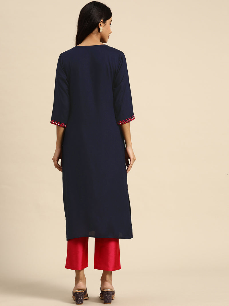 Navy Blue Yoke Design Rayon Straight Kurta