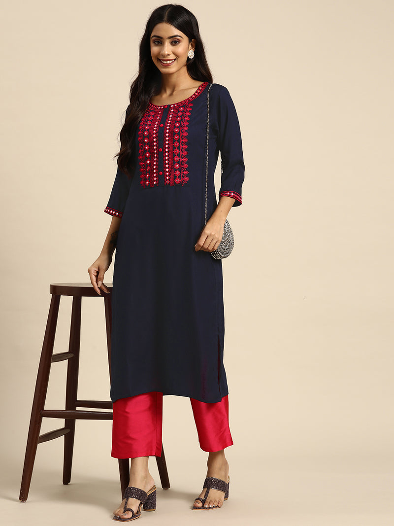 Navy Blue Yoke Design Rayon Straight Kurta