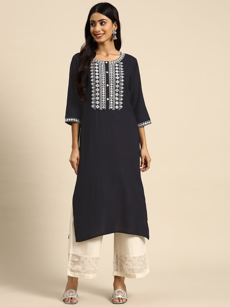 Navy Blue Yoke Design Rayon Straight Kurta