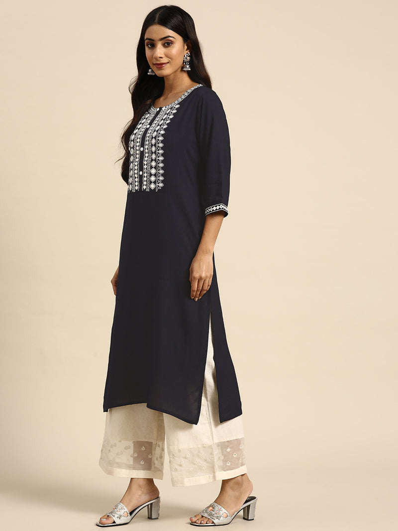 Navy Blue Yoke Design Rayon Straight Kurta