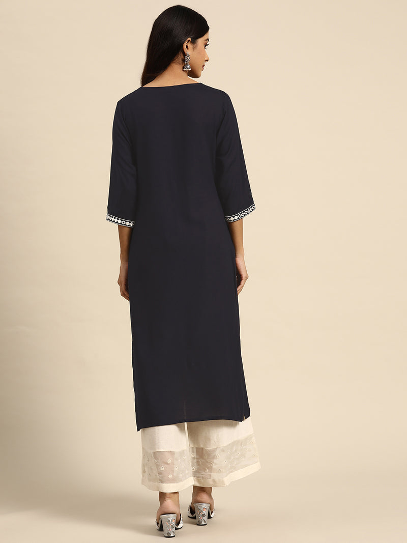 Navy Blue Yoke Design Rayon Straight Kurta