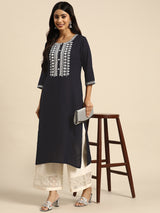 Navy Blue Yoke Design Rayon Straight Kurta