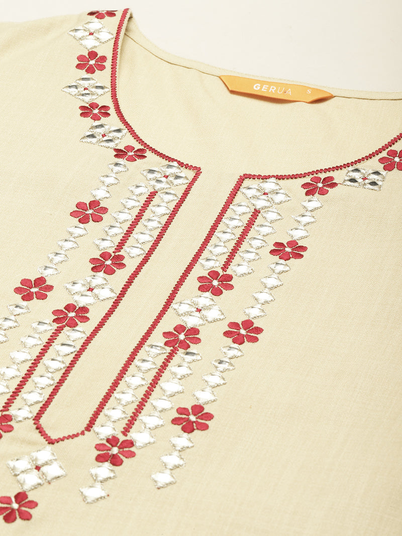 Beige Embroidered Cotton Straight Kurta