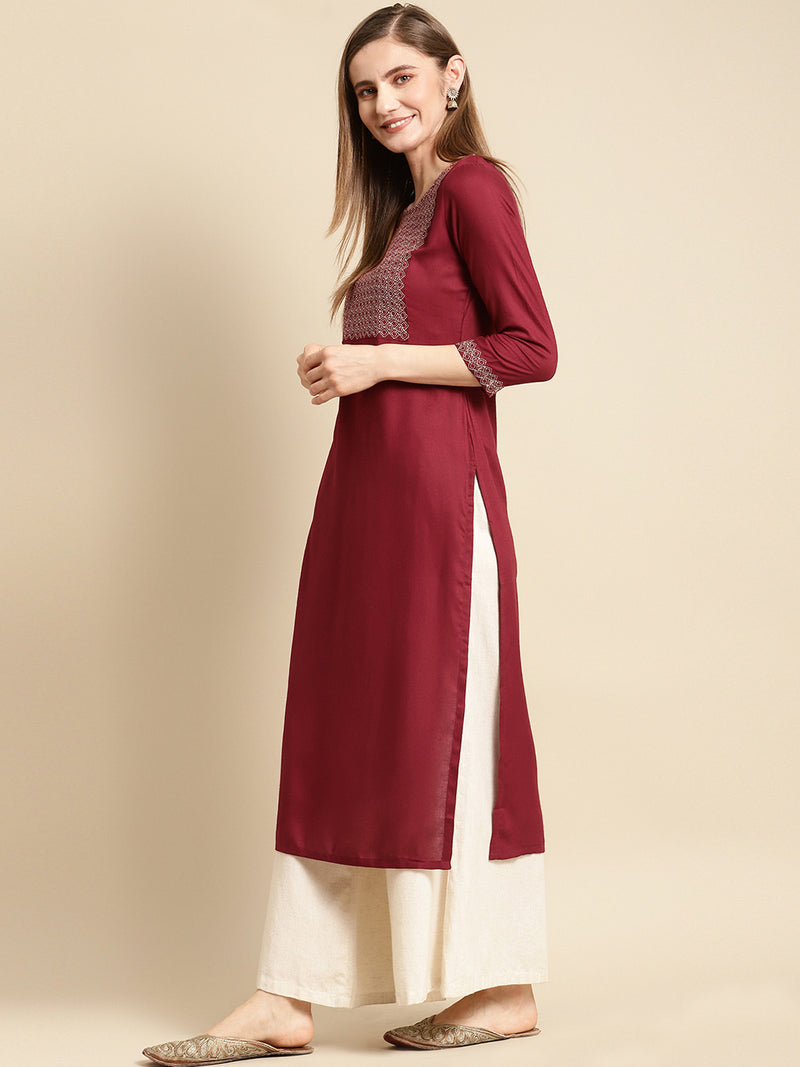 Maroon Yoke Design Rayon Straight Kurta
