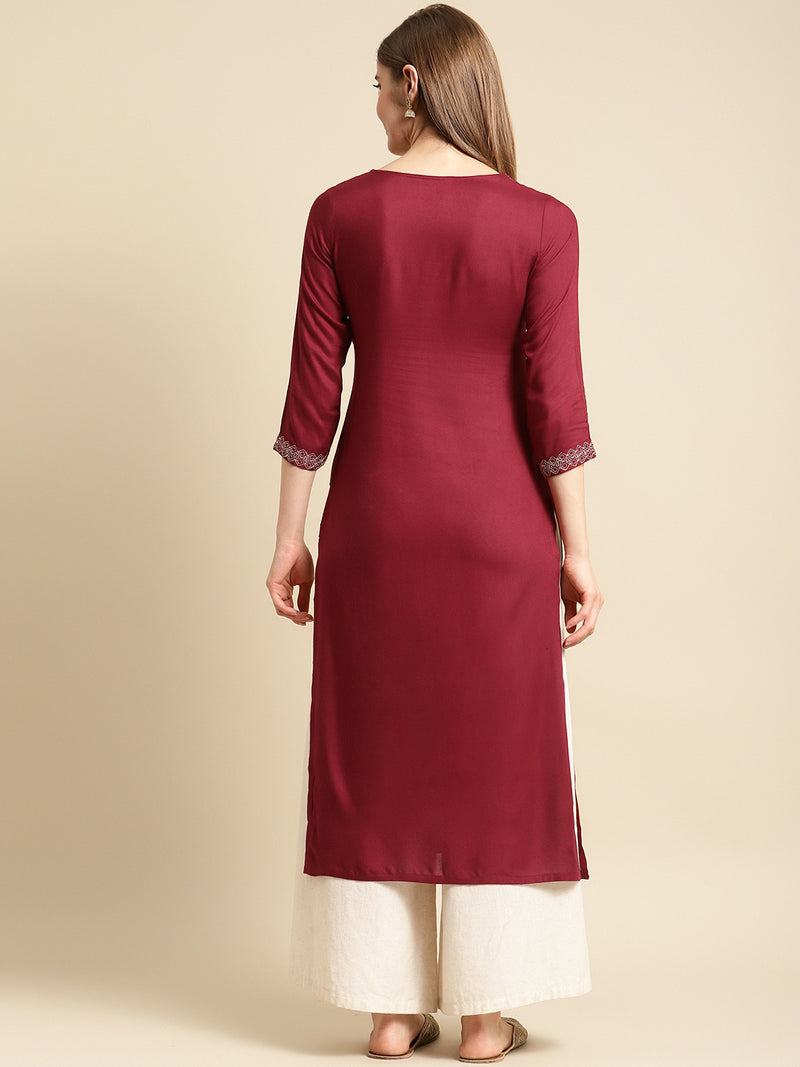 Maroon Yoke Design Rayon Straight Kurta