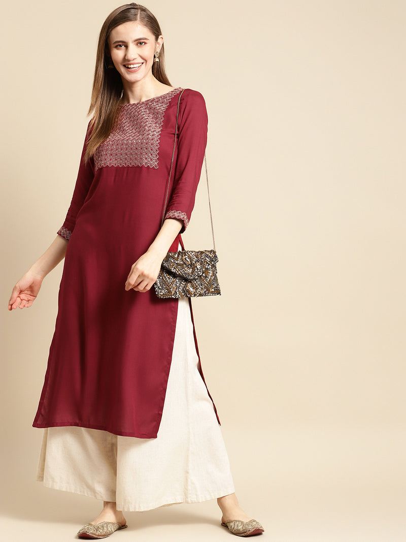Maroon Yoke Design Rayon Straight Kurta