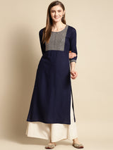 Navy Blue Yoke Design Rayon Straight Kurta