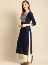 Navy Blue Yoke Design Rayon Straight Kurta