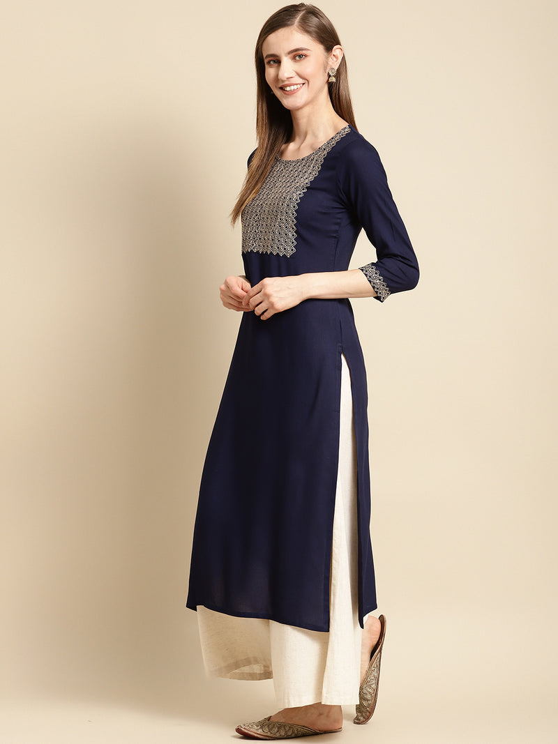 Navy Blue Yoke Design Rayon Straight Kurta