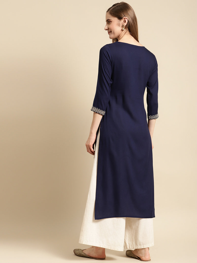 Navy Blue Yoke Design Rayon Straight Kurta