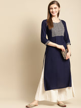 Navy Blue Yoke Design Rayon Straight Kurta