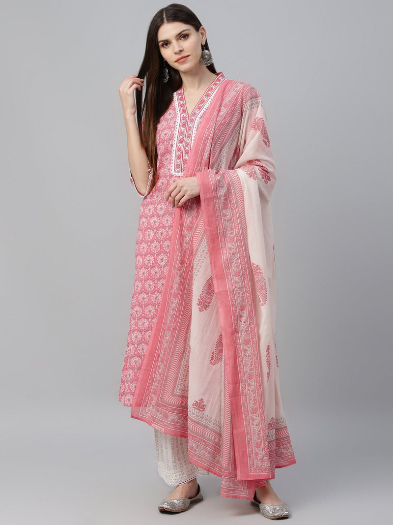 Peach Cotton Printed Kurta And Palazzo With Dupatta