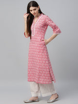 Peach Cotton Printed Kurta And Palazzo With Dupatta