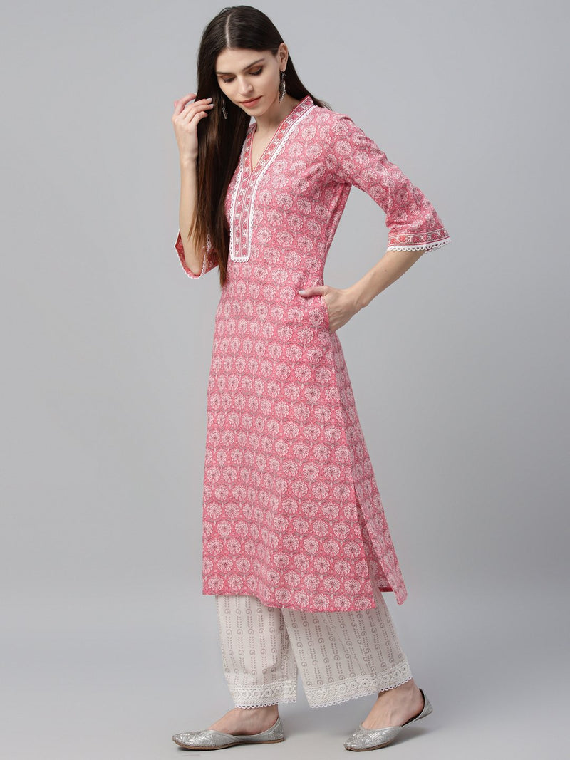 Peach Cotton Printed Kurta And Palazzo With Dupatta