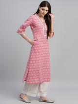 Peach Cotton Printed Kurta And Palazzo With Dupatta