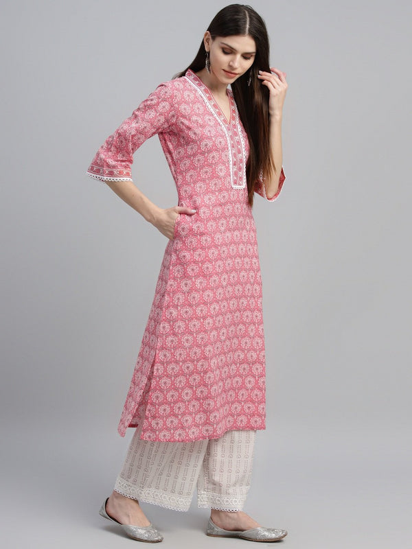 Peach Cotton Printed Kurta And Palazzo With Dupatta