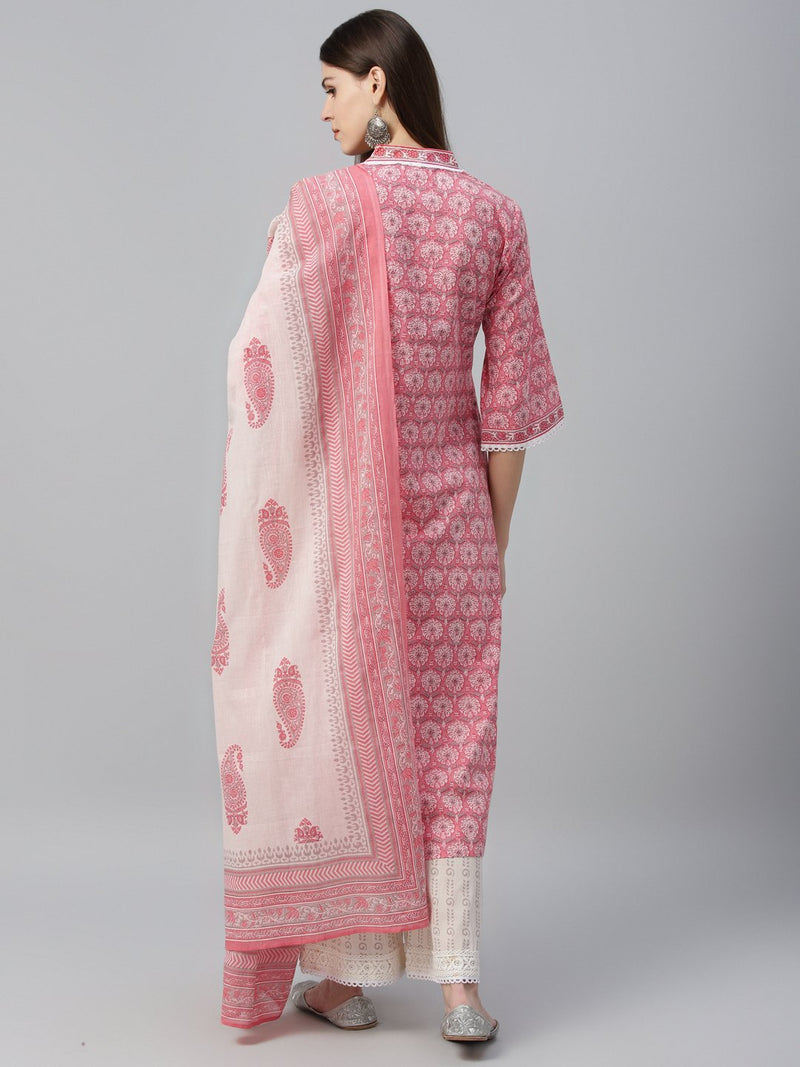Peach Cotton Printed Kurta And Palazzo With Dupatta