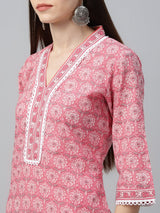 Peach Cotton Printed Kurta And Palazzo With Dupatta