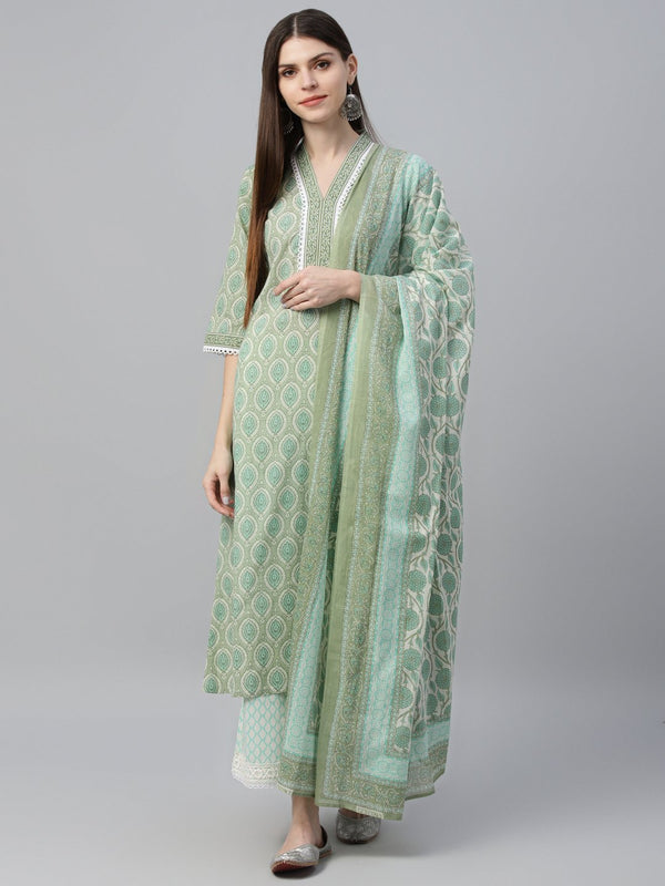 Green Cotton Printed Kurta With Palazzo And Dupatta