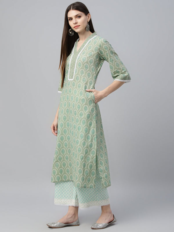 Green Cotton Printed Kurta With Palazzo And Dupatta